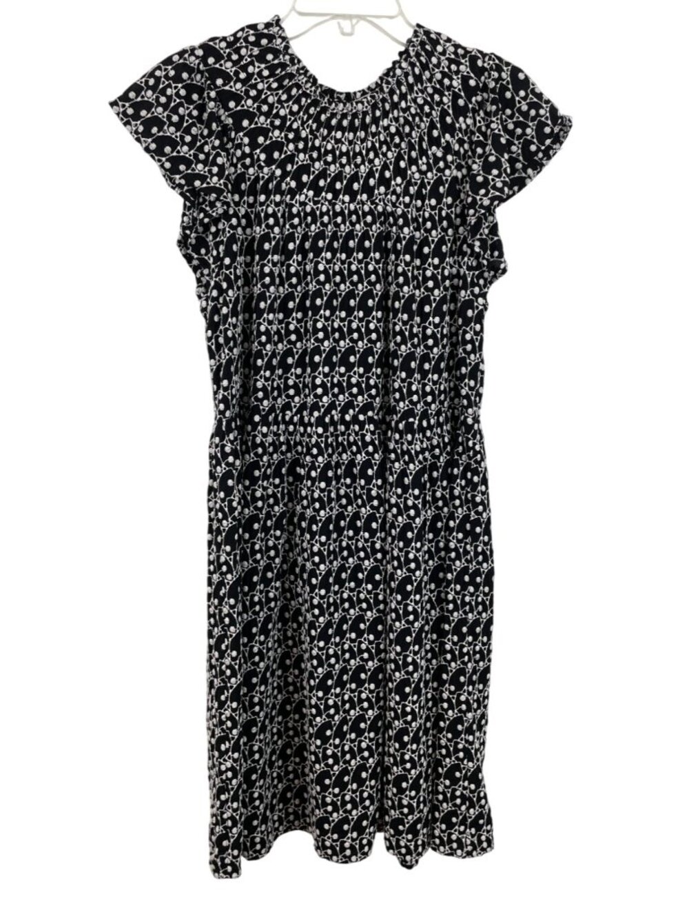 Loft Black & White Embroidered Smocked Midi Dress Size M